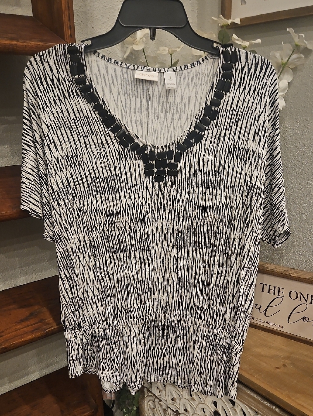 Chico's Black and White Short Sleeve V-Neck Top with Decorative Bead Trim